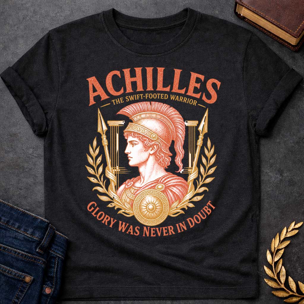 Black t-shirt with a Vintage Greek mythology design featuring Achilles in a detailed warrior helmet and armor, framed by laurel branches, spears, Greek columns, and a decorated shield. Bold text reads "Achilles – The Swift-Footed Warrior" and "Glory Was Never in Doubt." The orange and gold engraving-style artwork celebrates the legendary hero of the Trojan War.