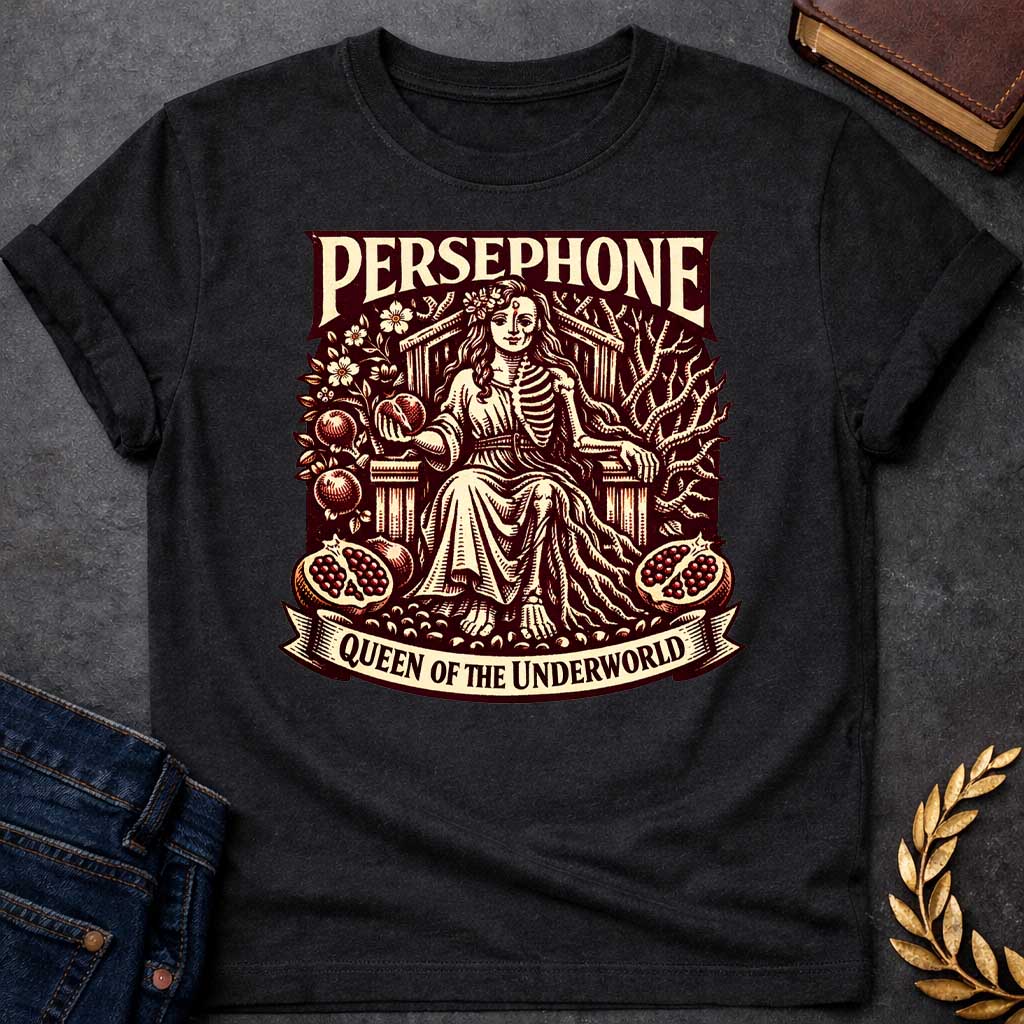 persephone pomegranate greek mythology youth shirt featuring pomegranate, underworld queen symbolism in dark floral mythology design