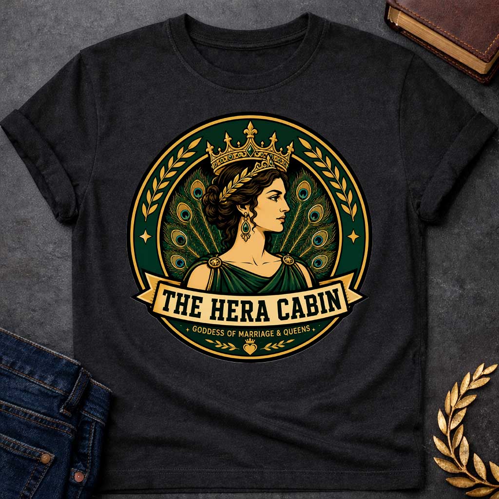 Black t-shirt with a Hera Greek mythology cabin design featuring the queen of the gods wearing an ornate golden crown and laurel accents, surrounded by elegant peacock feathers and decorative branches. Rich emerald green, gold, and black circular camp-style emblem includes the text “The Hera Cabin” and “Goddess of Marriage & Queens”