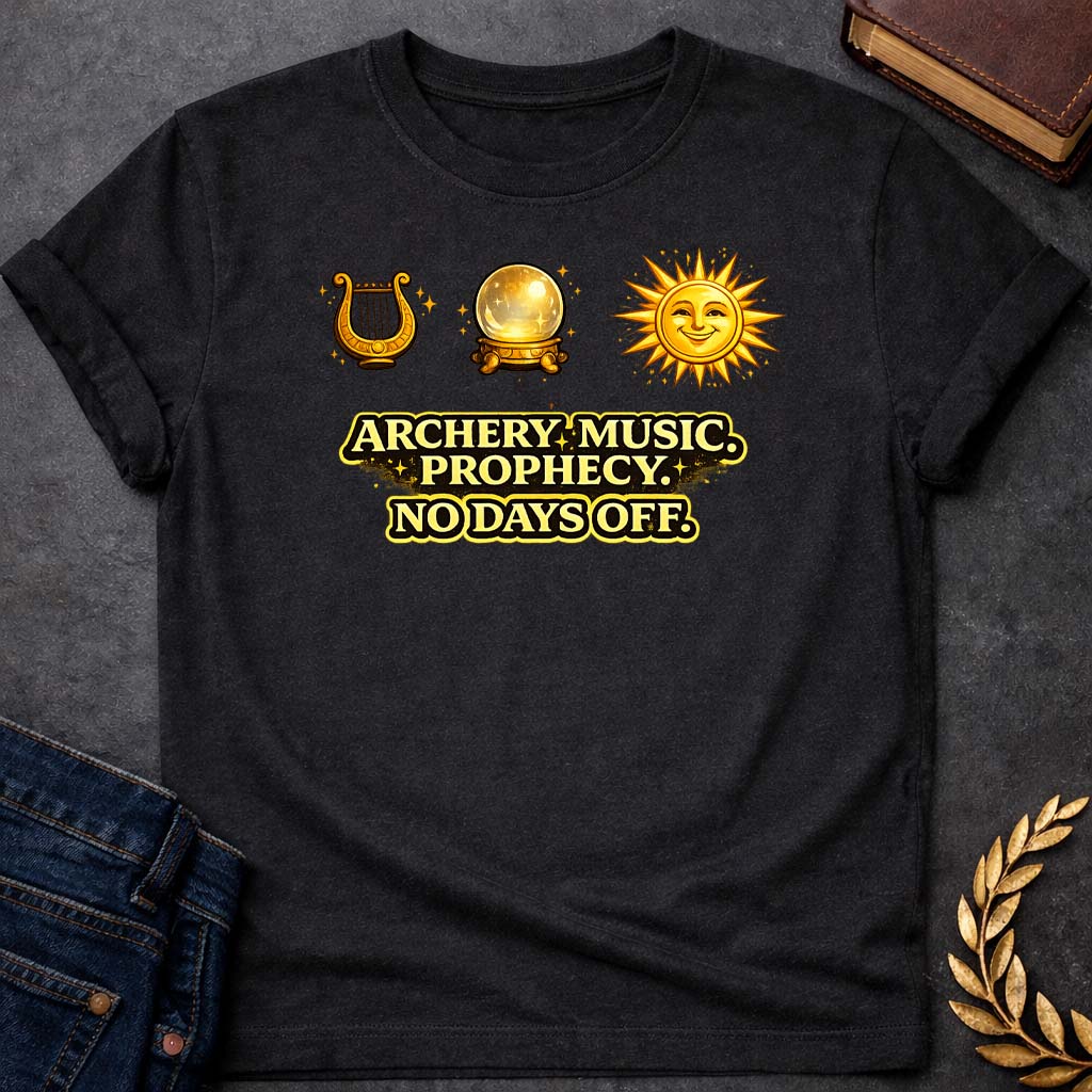 apollo archery music prophecy no days off greek mythology youth heavy cotton™ tee featuring detailed Greek mythology artwork, symbolic design, and bold graphic style
