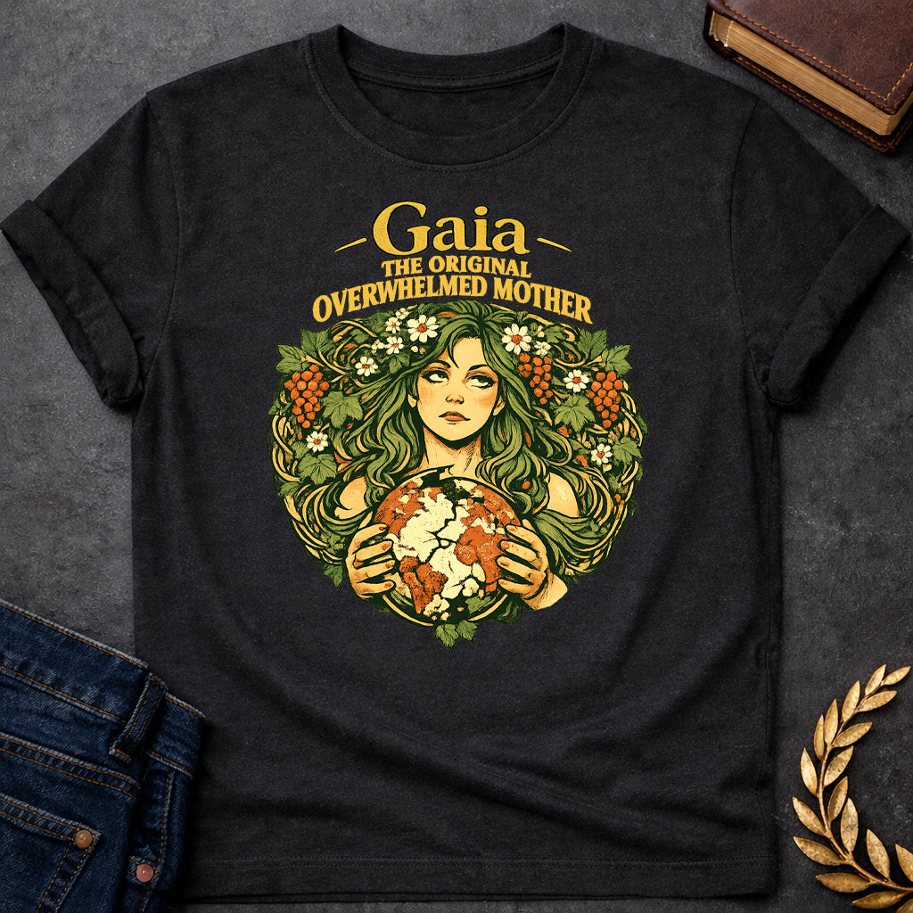 gaia overwhelmed mother greek mythology adult shirt featuring detailed Greek mythology artwork, symbolic design, and bold graphic style