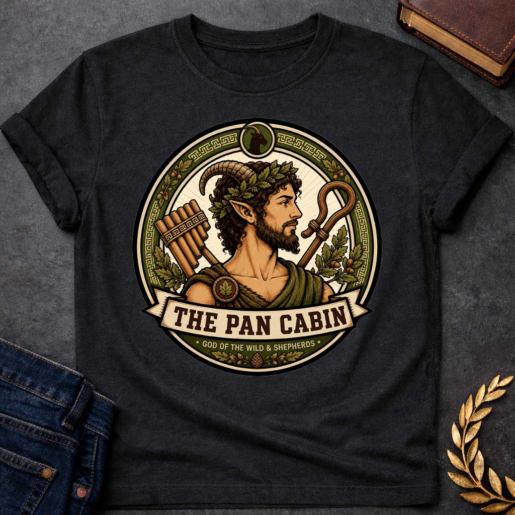 Black t-shirt with a Pan Greek mythology cabin design featuring the god of the wild and shepherds with curved goat horns, pointed ears, leafy crown, and rustic robes. Surrounded by panpipes, a shepherd’s crook, oak leaves, acorns, and Greek key details in an earthy green and gold circular emblem. Text reads “The Pan Cabin” and “God of the Wild & Shepherds,”