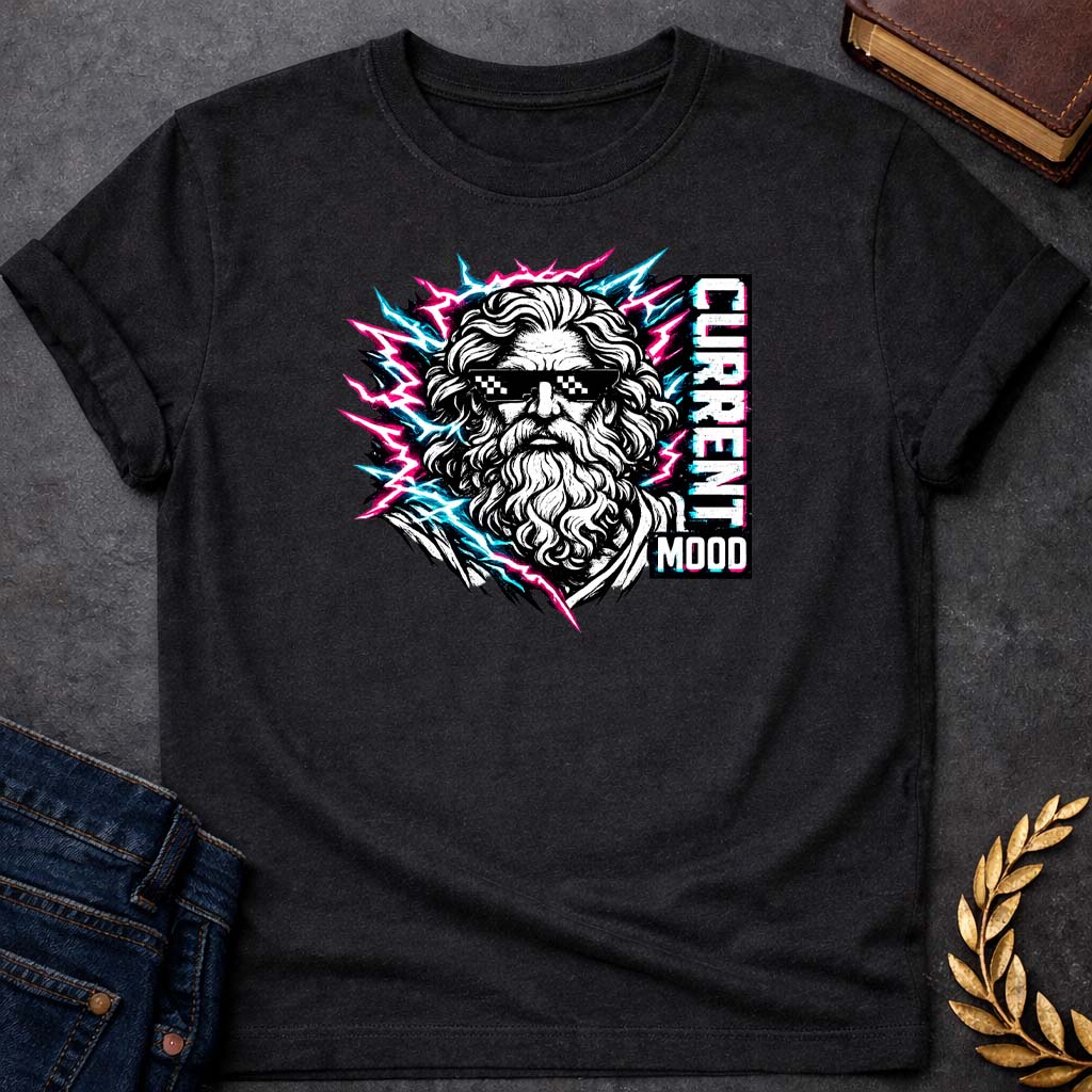 zeus current mood greek mythology youth t shirt featuring lightning bolt, sky god power symbolism in bold Greek mythology design