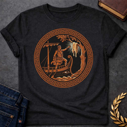 Black T-shirt with An ancient Greek pottery-style emblem t-shirt design. Inside a prominent terracotta circular frame featuring a classic meander key pattern, a black-figure style illustration depicts a muscular hero standing on the prow of a wooden ship. He reaches a hand out toward the glowing Golden Fleece hanging from a nearby tree branch, rendered in a bold black, white, and terracotta palette.