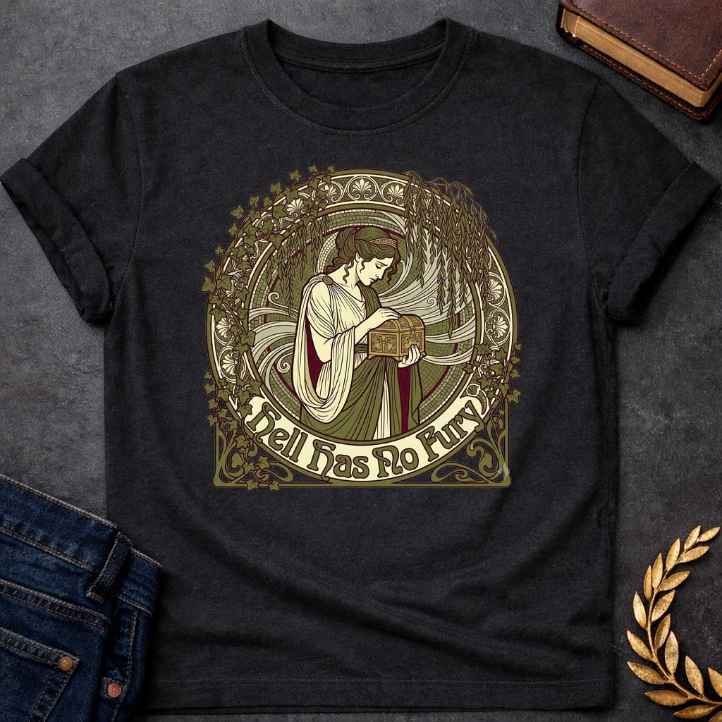 Black T-shirt with an Art Nouveau illustration of a classical woman in flowing cream and burgundy robes holding an ornate decorative box, surrounded by intricate ivy vines and architectural flourishes. Green, cream, and burgundy palette with elaborate frame. Text reads 'Hell Has No Fury.' References Medea's legendary wrath and the famous quote about a woman scorned. Celebrates the fierce power of feminine rage and vengeance in Greek mythology.