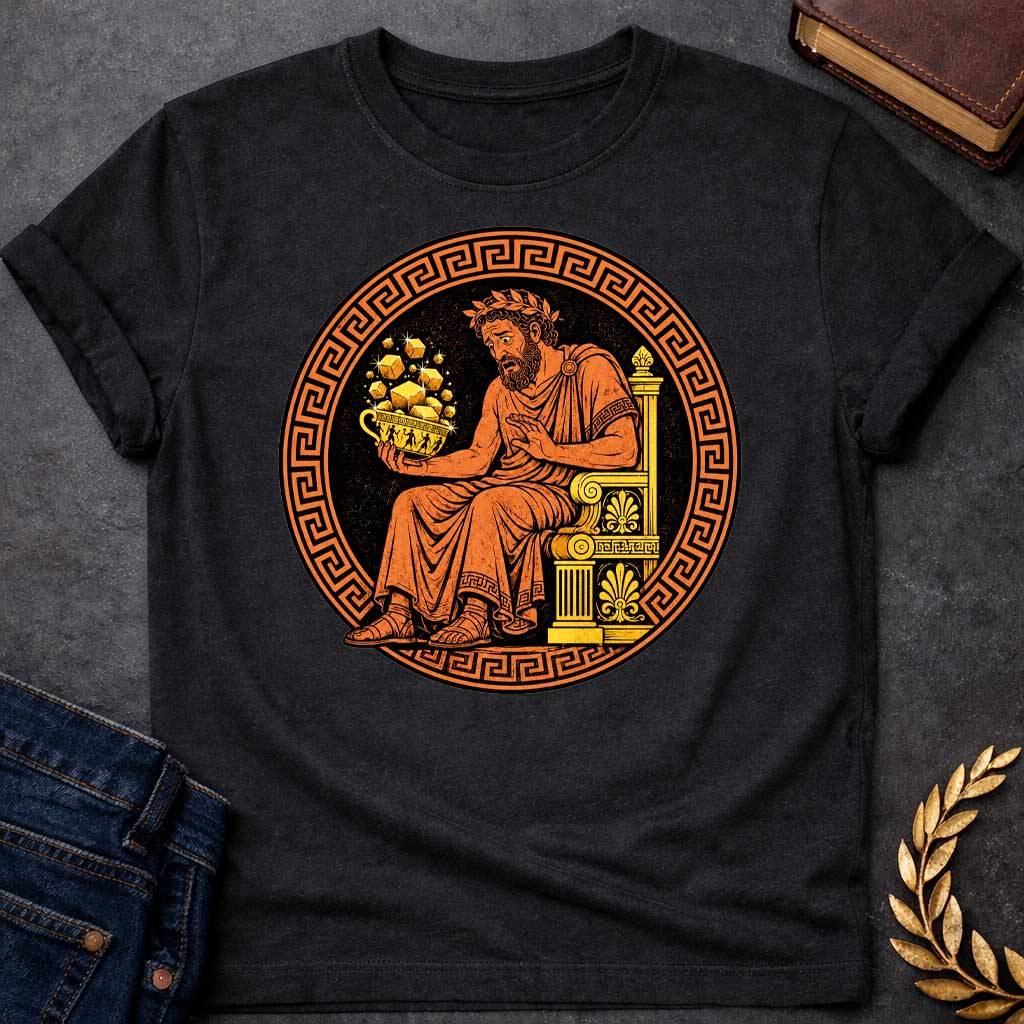Black t-shirt with A Vintage Greek pottery-inspired design featuring King Midas seated on an ornate throne, looking anxiously at a golden cup overflowing with sparkling gold bars. Framed by a classic Greek key border, the artwork uses traditional terracotta, black, and gold colors to depict the legendary king's cursed golden touch in an ancient Greek vase painting style.