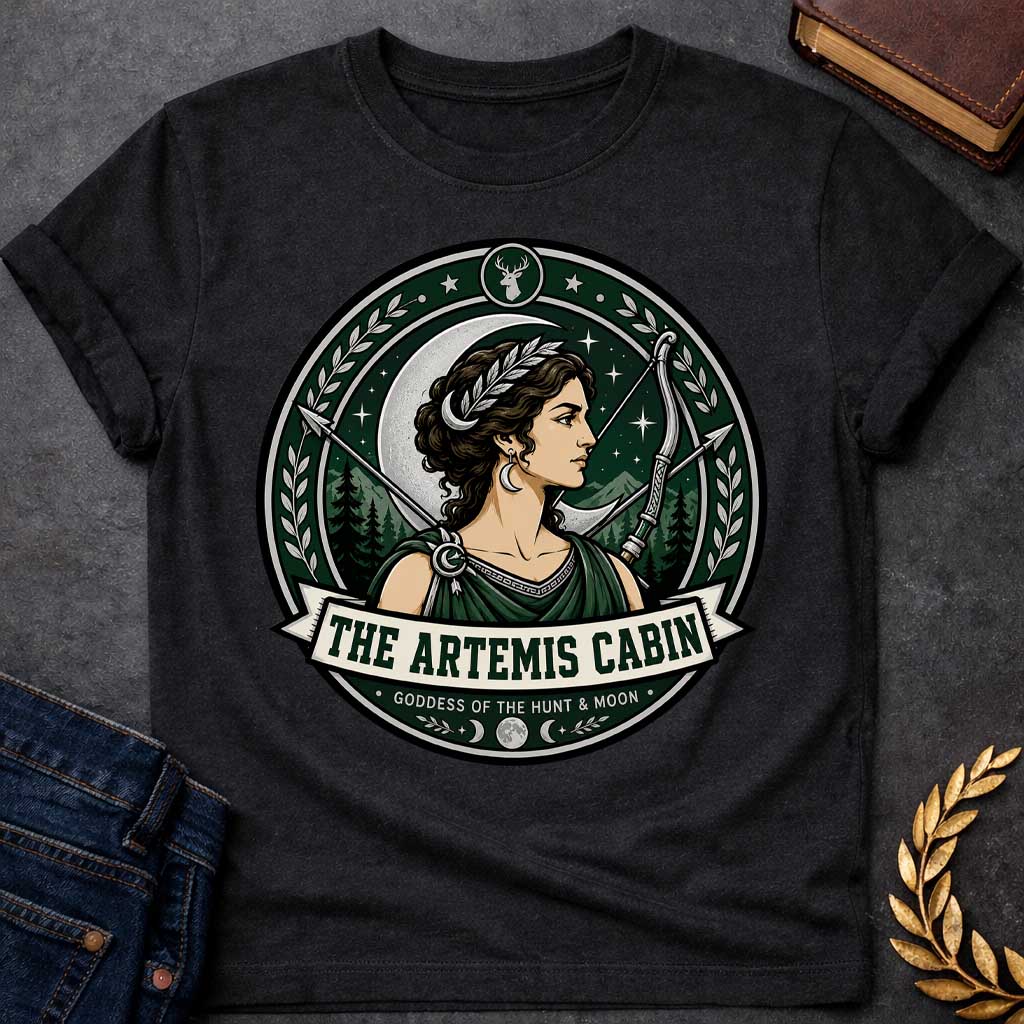 Black t-shirt with a Artemis Greek mythology cabin design featuring the goddess of the hunt and moon with a crescent moon, bow and arrows, forest mountains, stars, laurel branches, and deer symbol. Dark green, silver, cream, and black circular camp-style emblem includes the text “The Artemis Cabin” and “Goddess of the Hunt & Moon.”