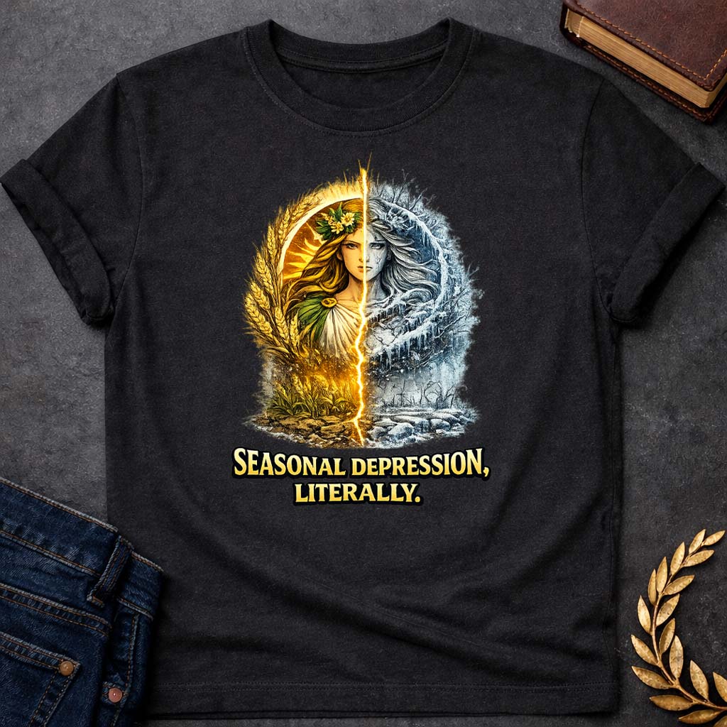 demeter seasonal depression greek mythology youth t shirt featuring detailed Greek mythology artwork, symbolic design, and bold graphic style
