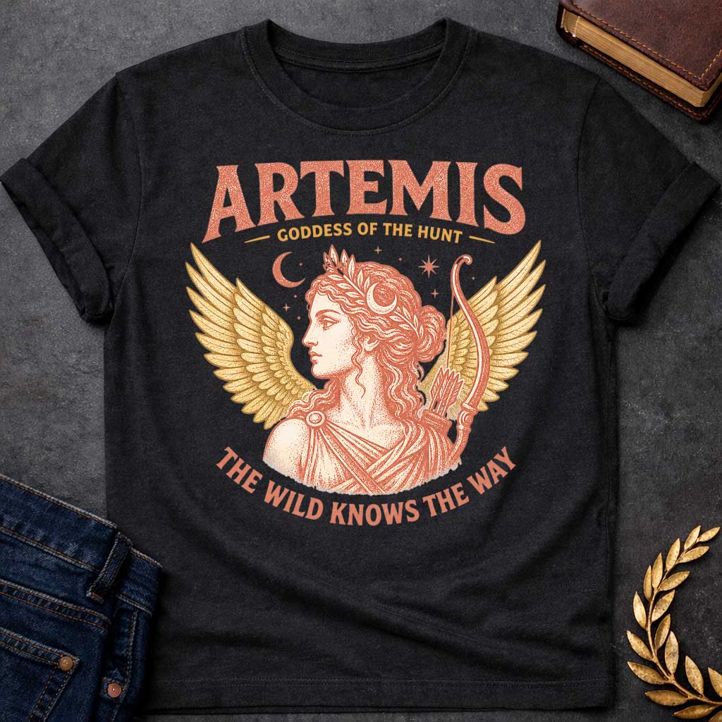 Black t-shirt with a Vintage Greek mythology design featuring Artemis, goddess of the hunt, with a crescent moon, stars, bow and arrows, and golden wings. Warm coral and gold engraving-style artwork frames her classical portrait. Bold text reads "Artemis – Goddess of the Hunt" and "The Wild Knows the Way," celebrating the Olympian goddess of nature and the hunt.