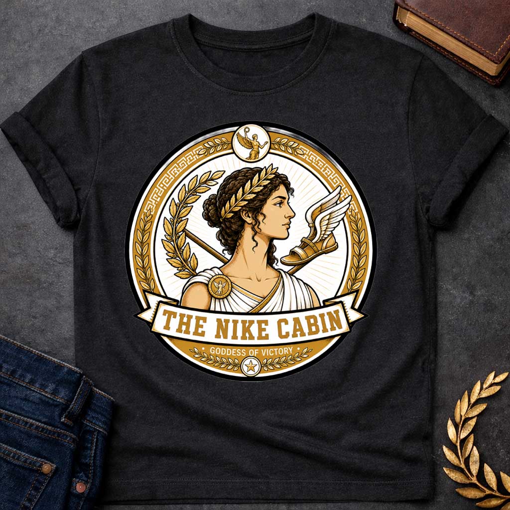 Black t-shirt with a Nike Greek mythology cabin design featuring the goddess of victory in a detailed gold and white circular emblem. Nike wears a laurel crown and classical robes, surrounded by golden laurel branches, a spear, winged sandal, Greek key patterns, and victory symbols. Text reads “The Nike Cabin” and “Goddess of Victory,”