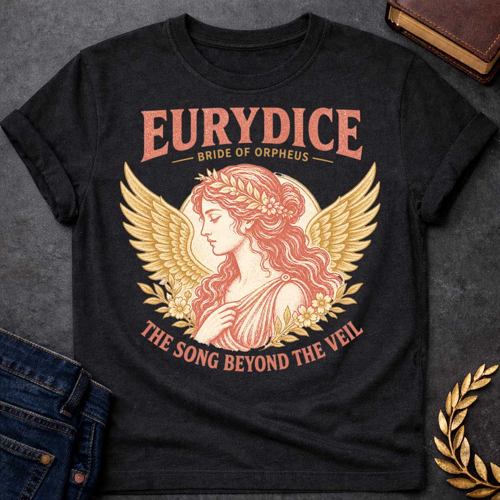 Black t-shirt with a Vintage Greek mythology design featuring Eurydice, bride of Orpheus, in an elegant classical portrait framed by golden wings, flowers, and laurel leaves. Distressed coral and gold artwork includes the text “Eurydice Bride of Orpheus” and “The Song Beyond the Veil,” inspired by the tragic myth of Orpheus and Eurydice.
