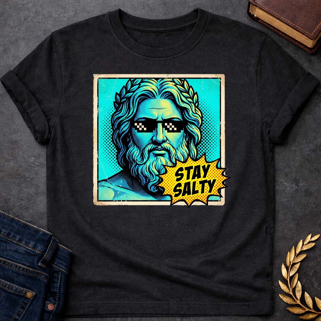 poseidon stay salty greek mythology youth t shirt featuring trident, ocean waves, sea god symbolism in Greek mythology design