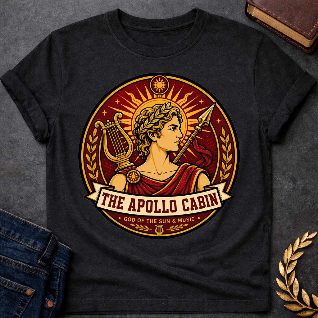 Black t-shirt with a Apollo Greek mythology cabin design featuring the god of the sun and music wearing a golden laurel crown, framed by a radiant sun, lyre, spear, stars, and laurel branches. Rich red, gold, and cream circular camp-style emblem includes the text “The Apollo Cabin” and “God of the Sun & Music.