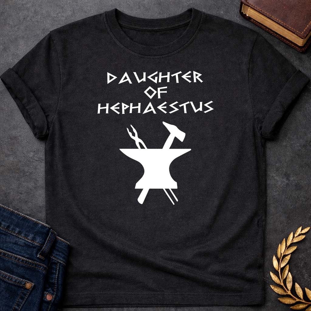 daughter of hephaestus unisex softstyle adult t shirt featuring blacksmith hammer, forge sparks, fire god symbolism in industrial mythology design