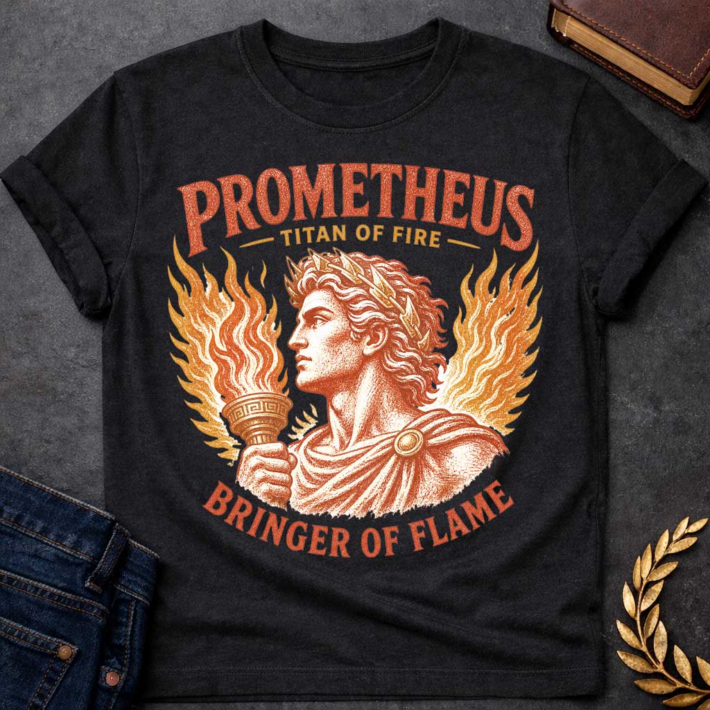 Black t-shirt with a Vintage Prometheus Greek mythology design featuring the Titan of fire holding a flaming torch, framed by dramatic flames and a laurel crown. Distressed terracotta and gold artwork includes the bold text “Prometheus,” “Titan of Fire,” and “Bringer of Flame,” celebrating the legendary figure who brought fire to humanity.