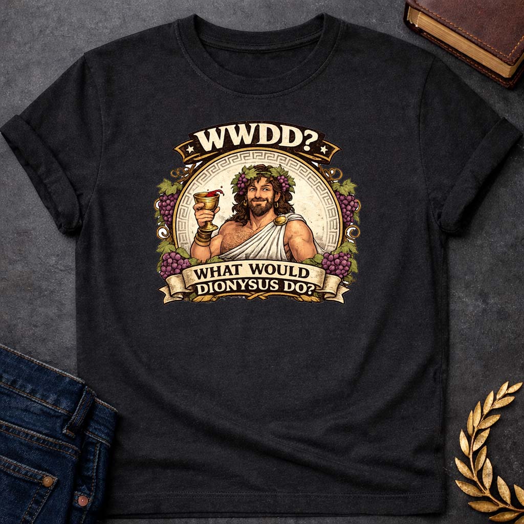 dionysus what would dionysus do greek mythology adult t shirt featuring detailed Greek mythology artwork, symbolic design, and bold graphic style
