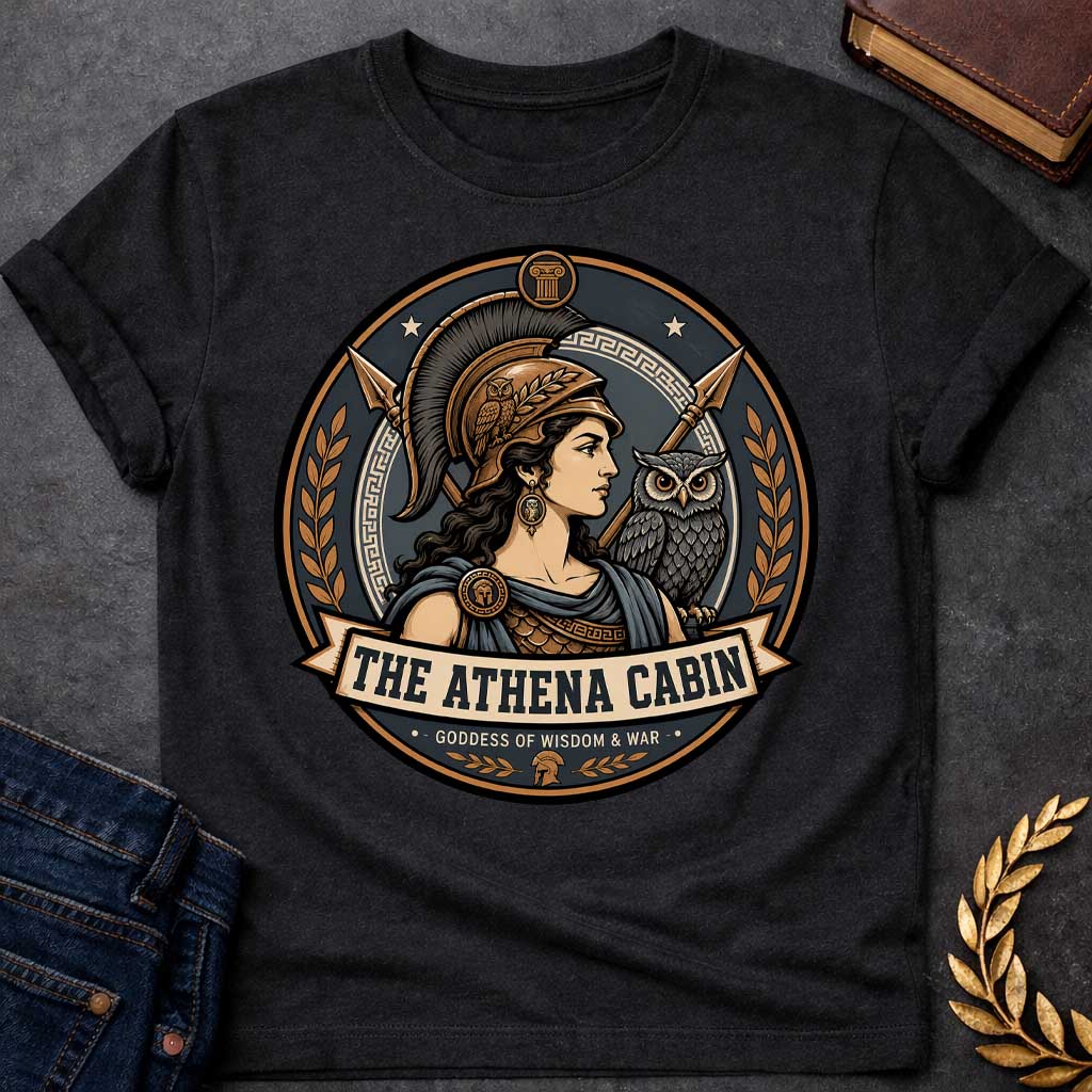 Black t-shirt with a Athena Greek mythology cabin design featuring the goddess of wisdom and war in a bronze warrior helmet, accompanied by her sacred owl and crossed spears. Bronze, charcoal, and cream circular camp-style emblem features Greek key details, laurel branches, and the text “The Athena Cabin” and “Goddess of Wisdom & War.”