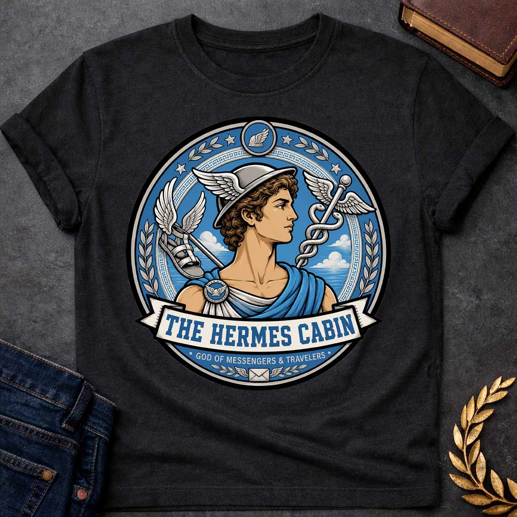 Black t-shirt with a Hermes Greek mythology cabin design featuring the messenger god wearing his iconic winged helmet, surrounded by winged sandals, a caduceus, laurel branches, stars, and clouds. Blue, silver, and cream circular emblem includes the text “The Hermes Cabin” and “God of Messengers & Travelers,”