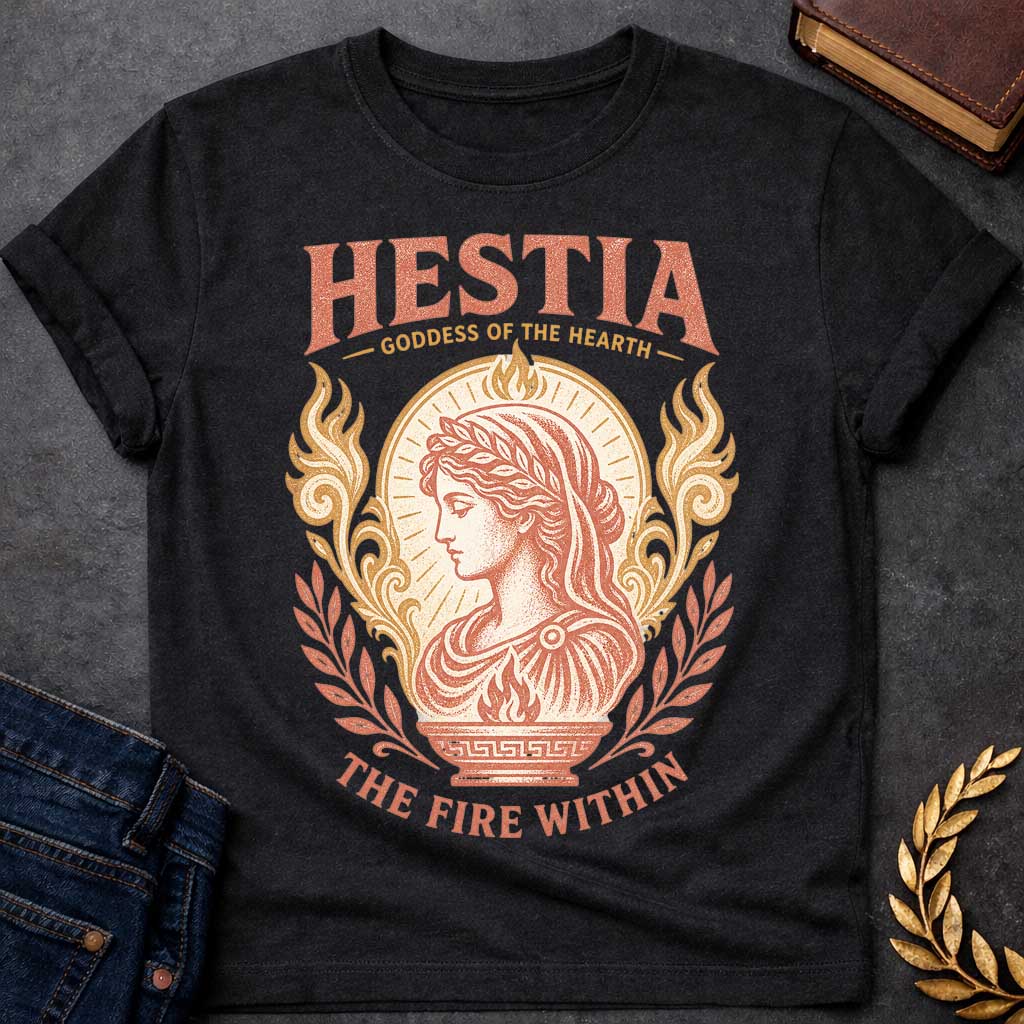Black t-shirt with a Vintage Hestia Greek mythology shirt  featuring the Goddess of the Hearth in profile, wearing a laurel crown and classical robes. She is surrounded by sacred flames, ornate scrollwork, leafy branches, and a glowing hearth motif. Distressed coral and gold artwork includes the bold text “Hestia Goddess of the Hearth” and “The Fire Within.”
