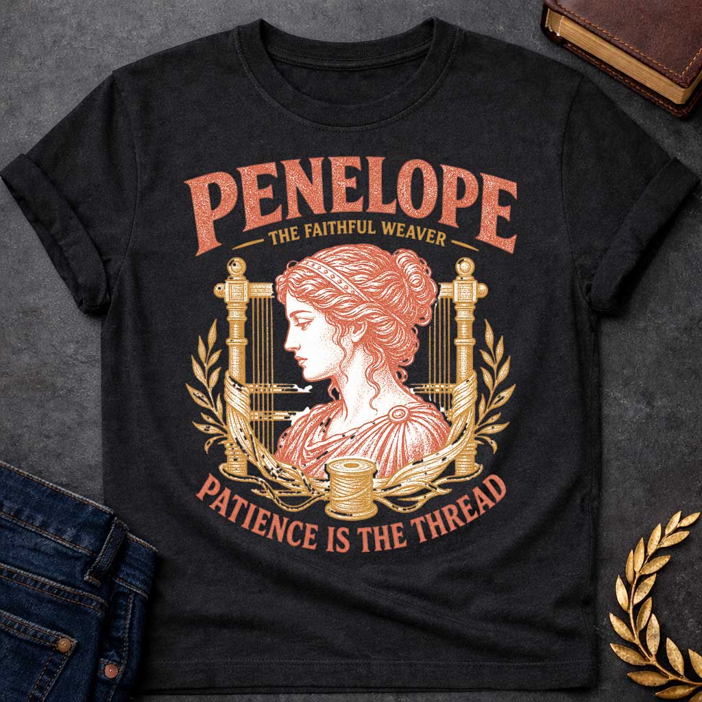 Black t-shirt with a Vintage Penelope Greek mythology design featuring the faithful weaver in profile, framed by an ancient loom, laurel branches, flowing thread, and a spool. Distressed terracotta and gold artwork includes the text “Penelope,” “The Faithful Weaver,” and “Patience Is the Thread,” inspired by her loyalty and perseverance in The Odyssey.