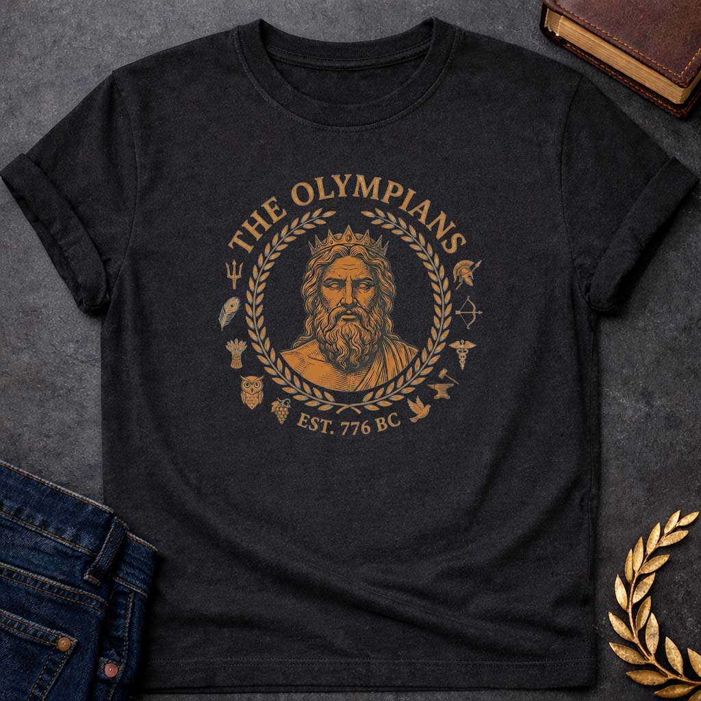 The Olympians Greek Mythology Adult T-Shirt featuring detailed Greek mythology artwork, symbolic design, and bold graphic style