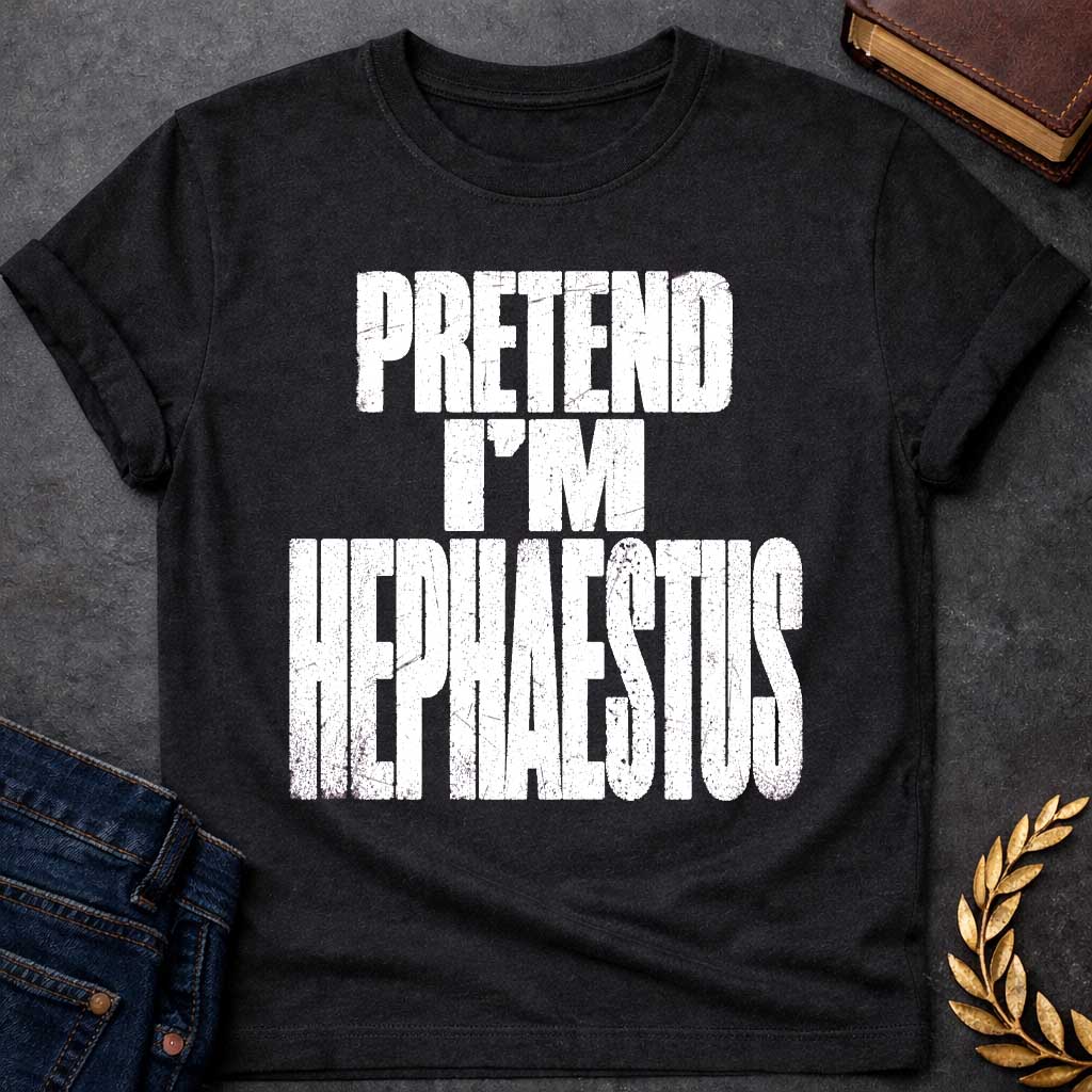 Black t-shirt with a Pretend I’m Hephaestus Greek mythology design featuring bold distressed white typography on a transparent background. The stacked text reads “PRETEND I’M HEPHAESTUS” in a rugged vintage block font, creating a humorous design inspired by Hephaestus, the Greek god of fire, metalworking, blacksmiths, craftsmanship, and the forge.