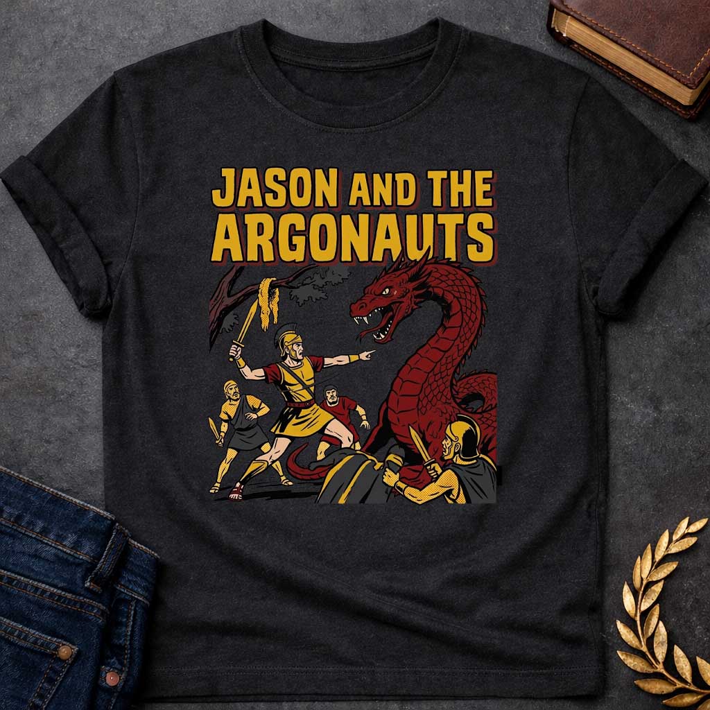 Black T-shirt with A retro comic book style t-shirt design.  Bold yellow pop-art text at the top reads "JASON AND THE ARGONAUTS". Below, a Greek warrior in armor raises a sword near the Golden Fleece hanging from a tree branch, pointing toward a giant, snarling red dragon. Three fellow Argonauts surround the beast with swords drawn, featuring classic comic ben-day dot shading and thick black outlines