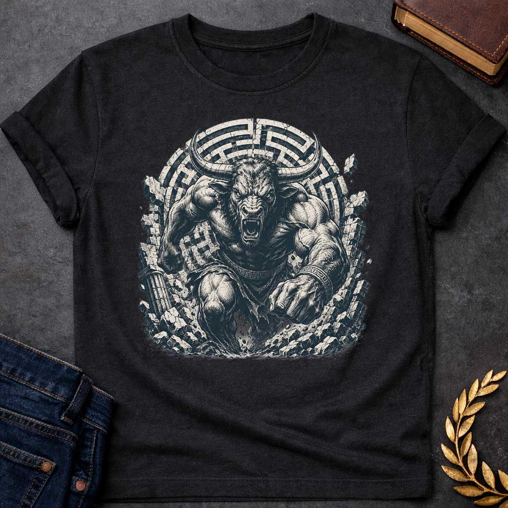 Black T-shirt with An intense, detailed engraving-style graphic. A powerful, muscular Minotaur with sharp horns and a roaring, ferocious expression bursts forward through a crumbling stone wall. In the background, a large circular labyrinth pattern frames the beast. The character wears ancient Greek-patterned arm bands and a loincloth, captured in a gritty, high-contrast black and white aesthetic