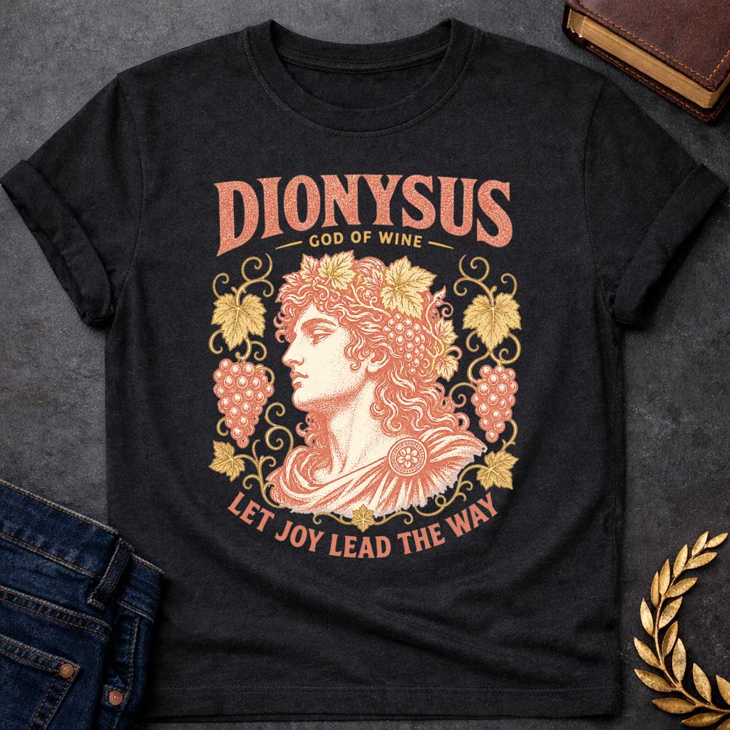 Black t-shirt with a Vintage Greek mythology design featuring Dionysus, god of wine, wearing a crown of grape leaves and fruit. Ornate grapevines frame the classical portrait in distressed coral and gold, with the text “Dionysus God of Wine” and “Let Joy Lead the Way,” celebrating wine, revelry, and joy.