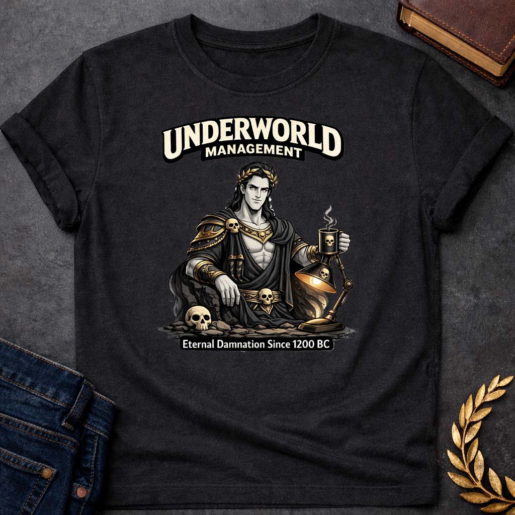 hades underworld management greek mythology adult t shirt featuring underworld king, skull motifs, dark Greek mythology design