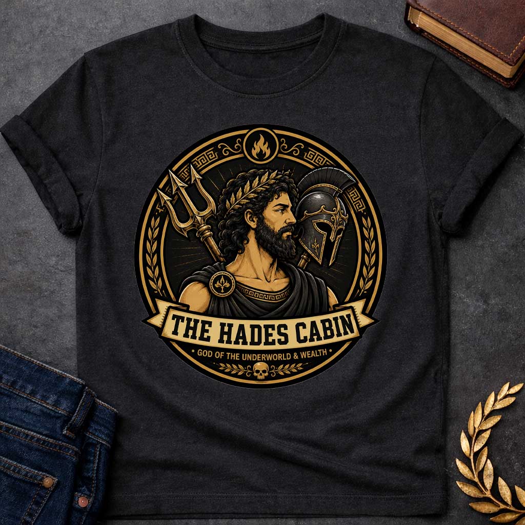 Black t-shirt with a Hades Greek mythology cabin design featuring the bearded god of the Underworld wearing a laurel crown, surrounded by a golden bident, warrior helmet, flames, Greek key patterns, and a skull. Black and gold circular emblem includes the text “The Hades Cabin” and “God of the Underworld & Wealth,”