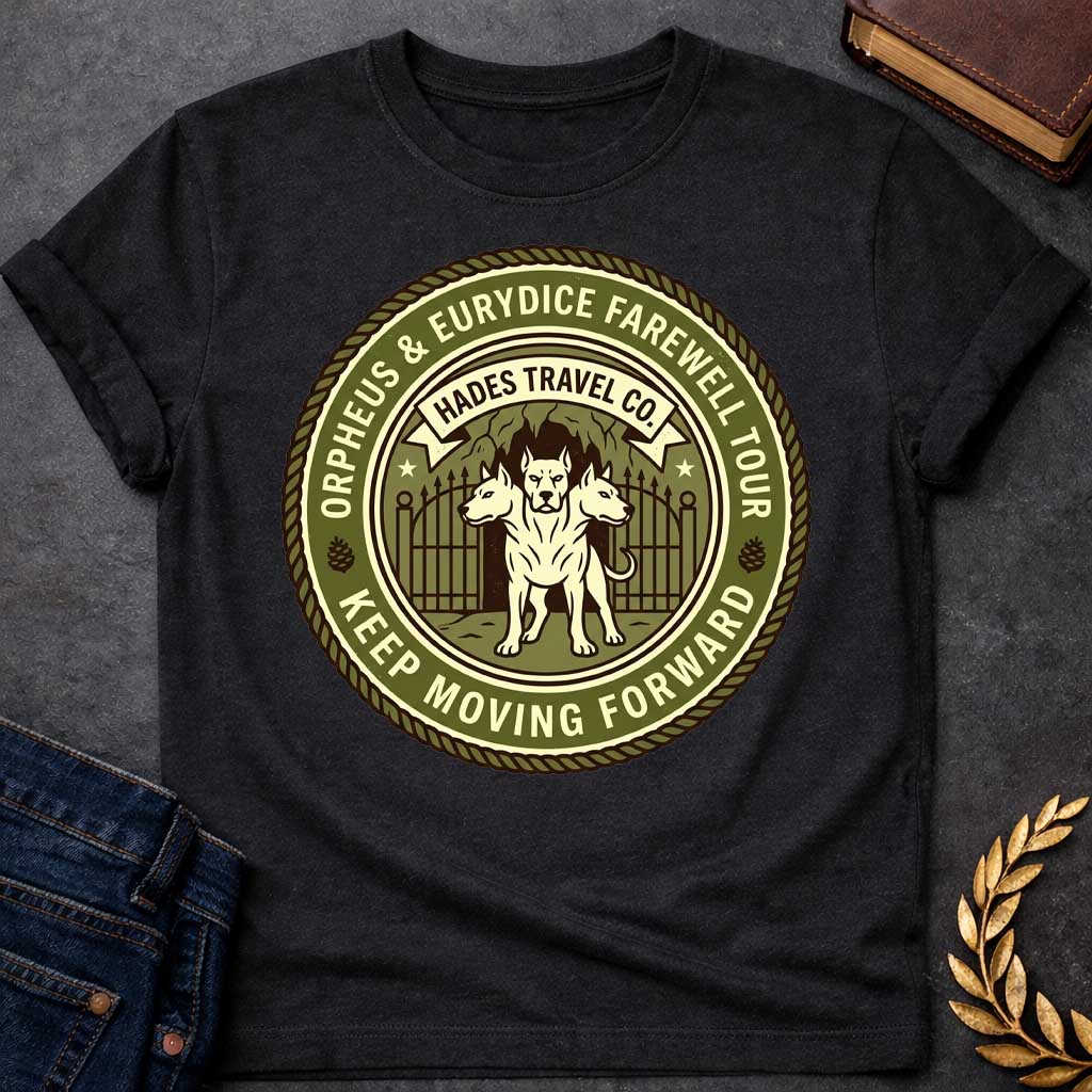 Black t-shirt in vintage travel-badge style: three-headed Cerberus stands guard before an underworld cave gate. Olive green and cream circular design with rope border reads "Orpheus & Eurydice Farewell Tour" above and "Keep Moving Forward" below, with pinecone icons and stars flanking the scene.