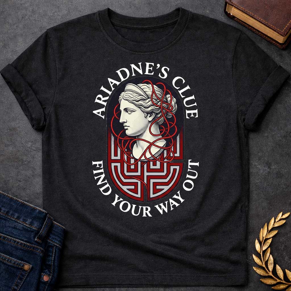 Black T-shirt with A Classical portrait of Ariadne rendered in cream and red showing her in profile with wavy hair. Red thread winds decoratively around her head and neck, referencing her legendary ball of thread that guided Theseus through the labyrinth. A Greek key maze pattern in red and gray forms the base below her portrait. Text reads 'Ariadne's Clue' above and 'Find Your Way Out' below. Celebrates the mythological heroine's wisdom and the power of guidance through impossible challenges