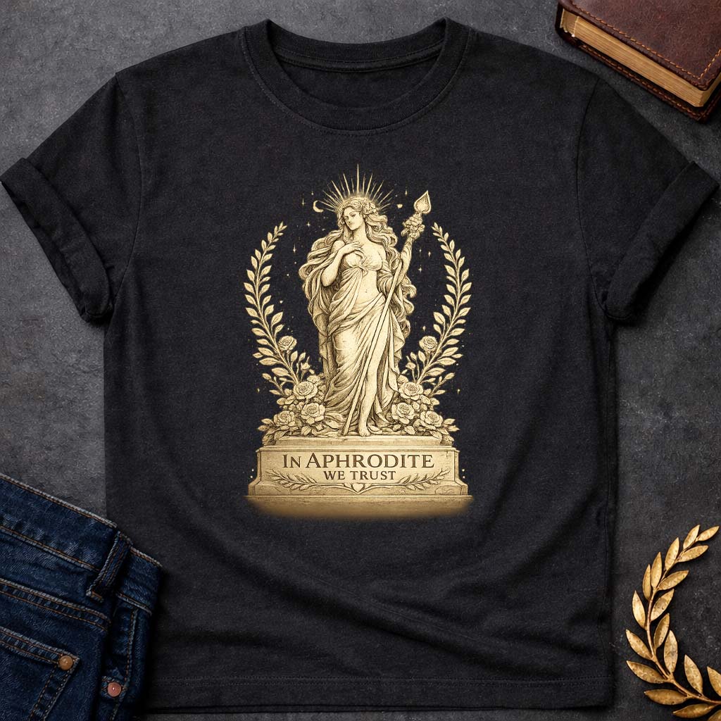 in aphrodite we trust greek mythology youth heavy cotton™ tee 1 featuring detailed Greek mythology artwork, symbolic design, and bold graphic style