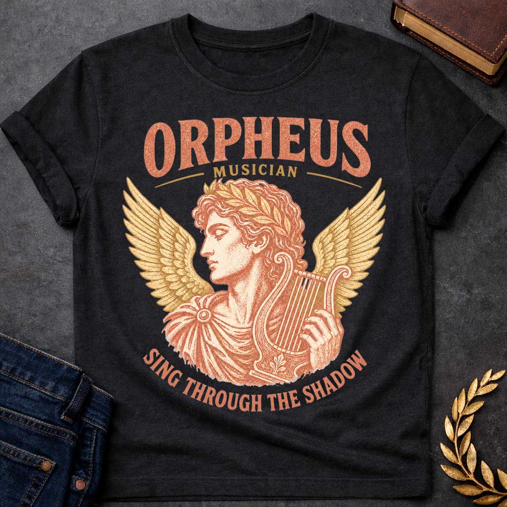 Black t-shirt with a Vintage Orpheus Greek mythology  design featuring the legendary musician in profile wearing a laurel crown and holding a classical lyre, framed by golden wings. Distressed terracotta and gold artwork includes the text “Orpheus,” “Musician,” and “Sing Through the Shadow,” inspired by the tragic myth of Orpheus and Eurydice.