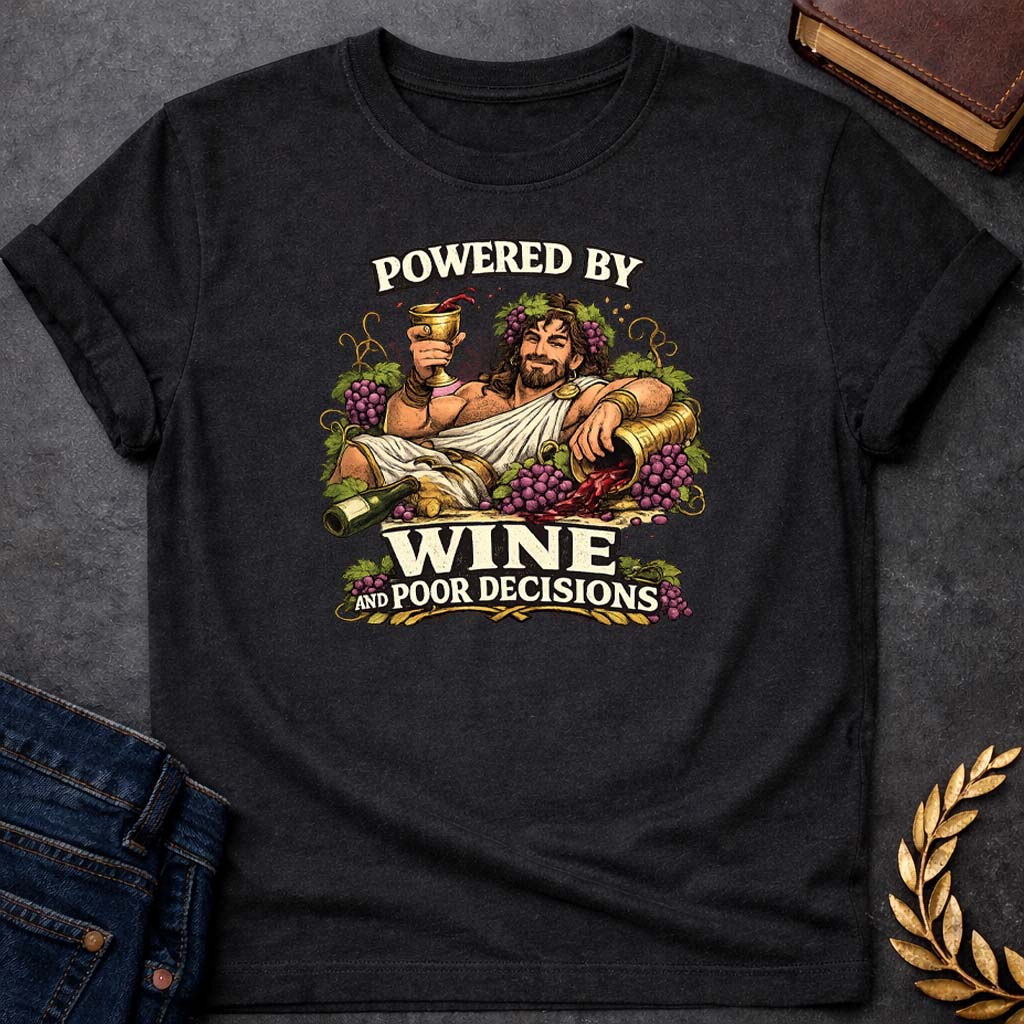 dionysus powered by wine and poor decisions greek mythology adult t shirt featuring detailed Greek mythology artwork, symbolic design, and bold graphic style