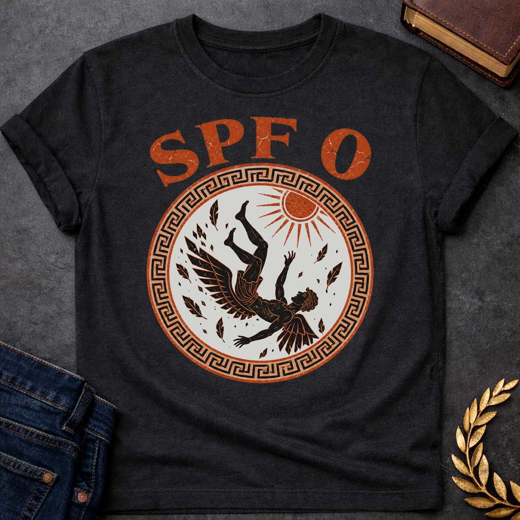 Black t-shirt with a distressed ancient Greek pottery-style graphic.  Inside a circular terracotta frame with a black meander key border, a black-figure illustration depicts Icarus falling from the sky as feathers detach from his wings below a shining terracotta sun. Arched above the circular emblem, bold, distressed orange text humorously reads "SPF 0".