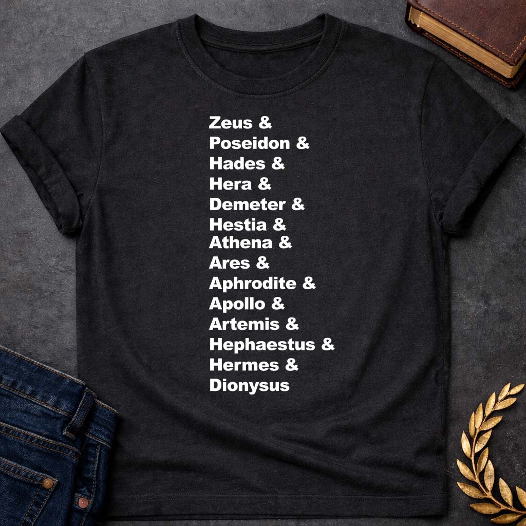Greek Mythology God Names Adult T-Shirt featuring detailed Greek mythology artwork, symbolic design, and bold graphic style