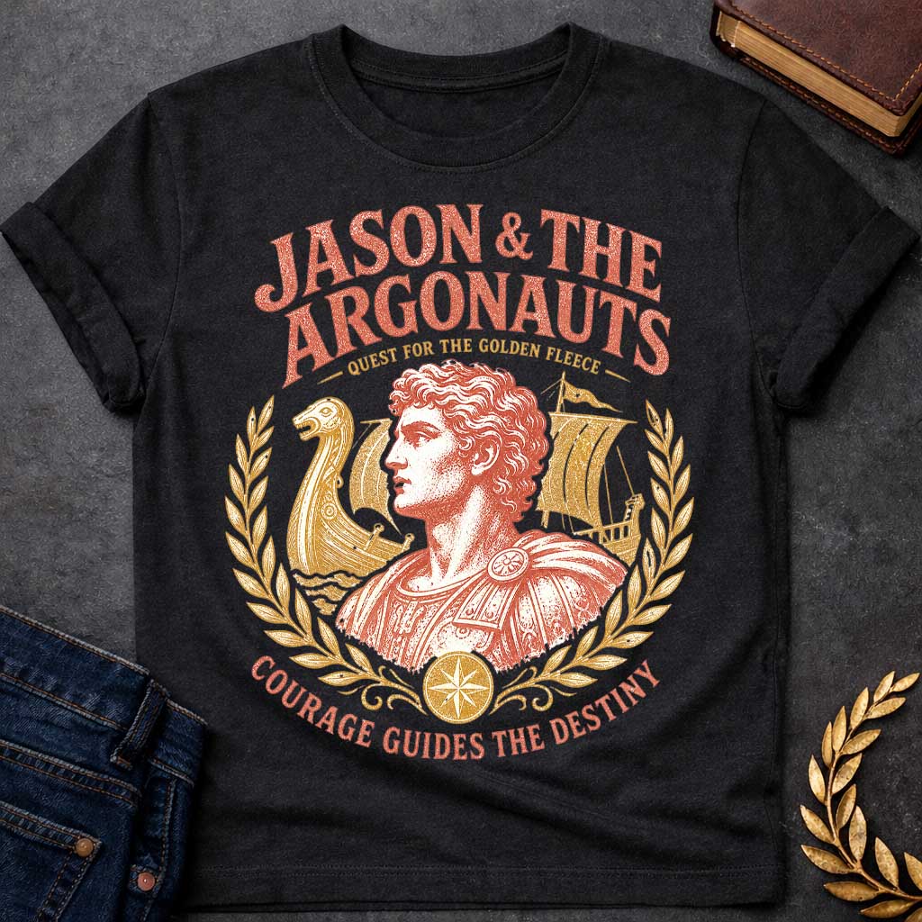 Black t-shirt with a Vintage Jason and the Argonauts Greek mythology design featuring Jason in classical armor framed by ancient Greek ships and golden laurel branches. Distressed coral and gold artwork celebrates the legendary quest for the Golden Fleece, with bold text reading “Jason & the Argonauts,” “Quest for the Golden Fleece,” and “Courage Guides the Destiny.”