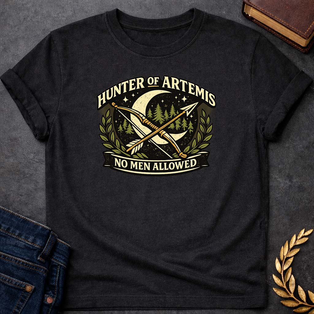 hunter of artemis no men allowed greek mythology adult t shirt featuring detailed Greek mythology artwork, symbolic design, and bold graphic style