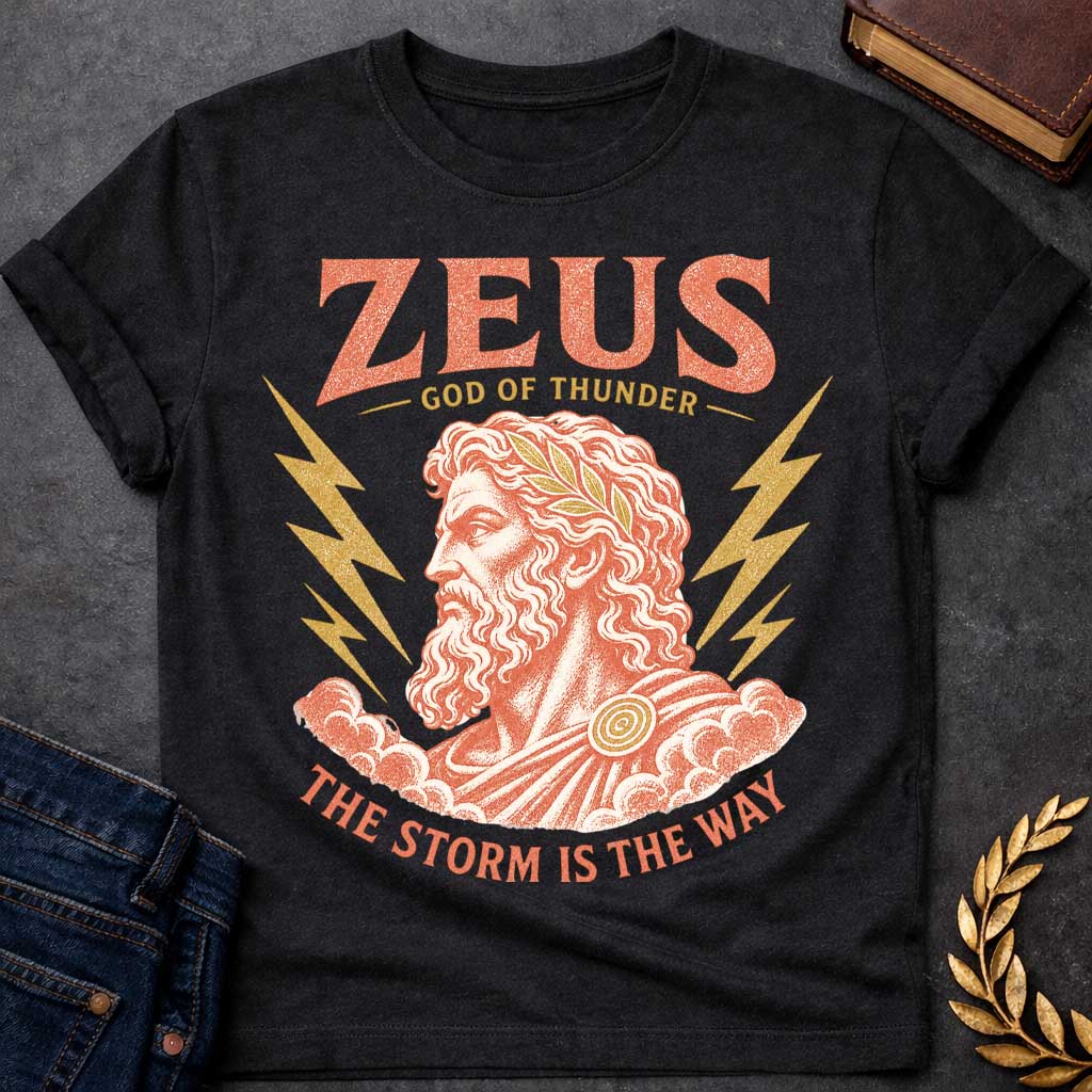Black t-shirt with a Vintage Zeus Greek mythology design featuring the bearded god of thunder wearing a golden laurel crown, surrounded by lightning bolts and storm clouds. Distressed terracotta and gold artwork includes the text “Zeus,” “God of Thunder,” and “The Storm Is the Way,” 