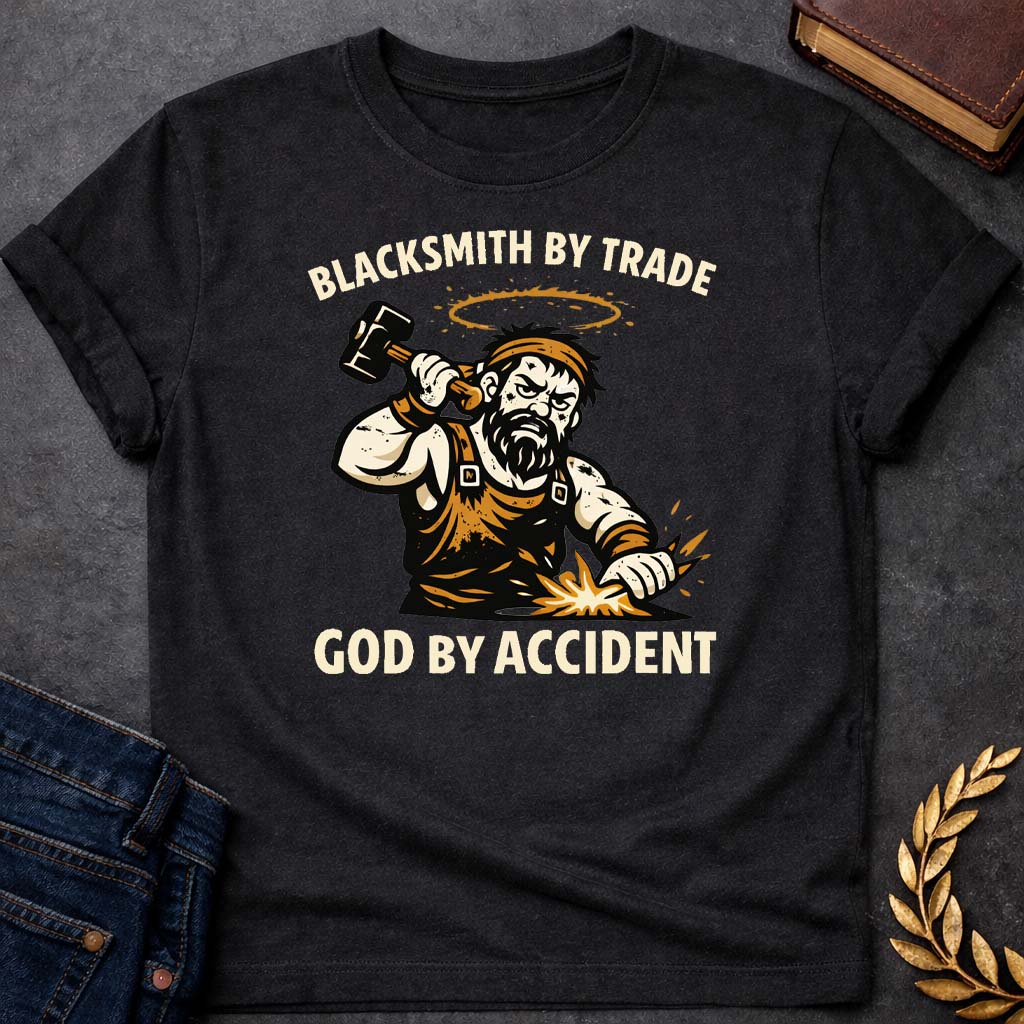 hephaestus blacksmith by trade god by accident greek mythology youth t shirt 1 featuring blacksmith hammer, forge sparks, fire god symbolism in industrial mythology design
