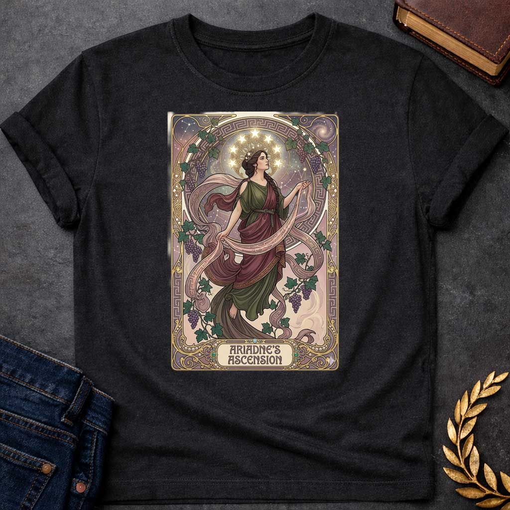 Black T-shirt with An Art Nouveau-style t-shirt graphic. Modeled like a tarot card, a graceful Greek woman floats upward, wearing a flowing green and plum gown beneath a crown of glowing stars. She is framed by an elegant, ornate golden border interwoven with purple grapevines and Greek key patterns. A decorative banner at the base displays the title "ARIADNE'S ASCENSION" in a stylized font.
