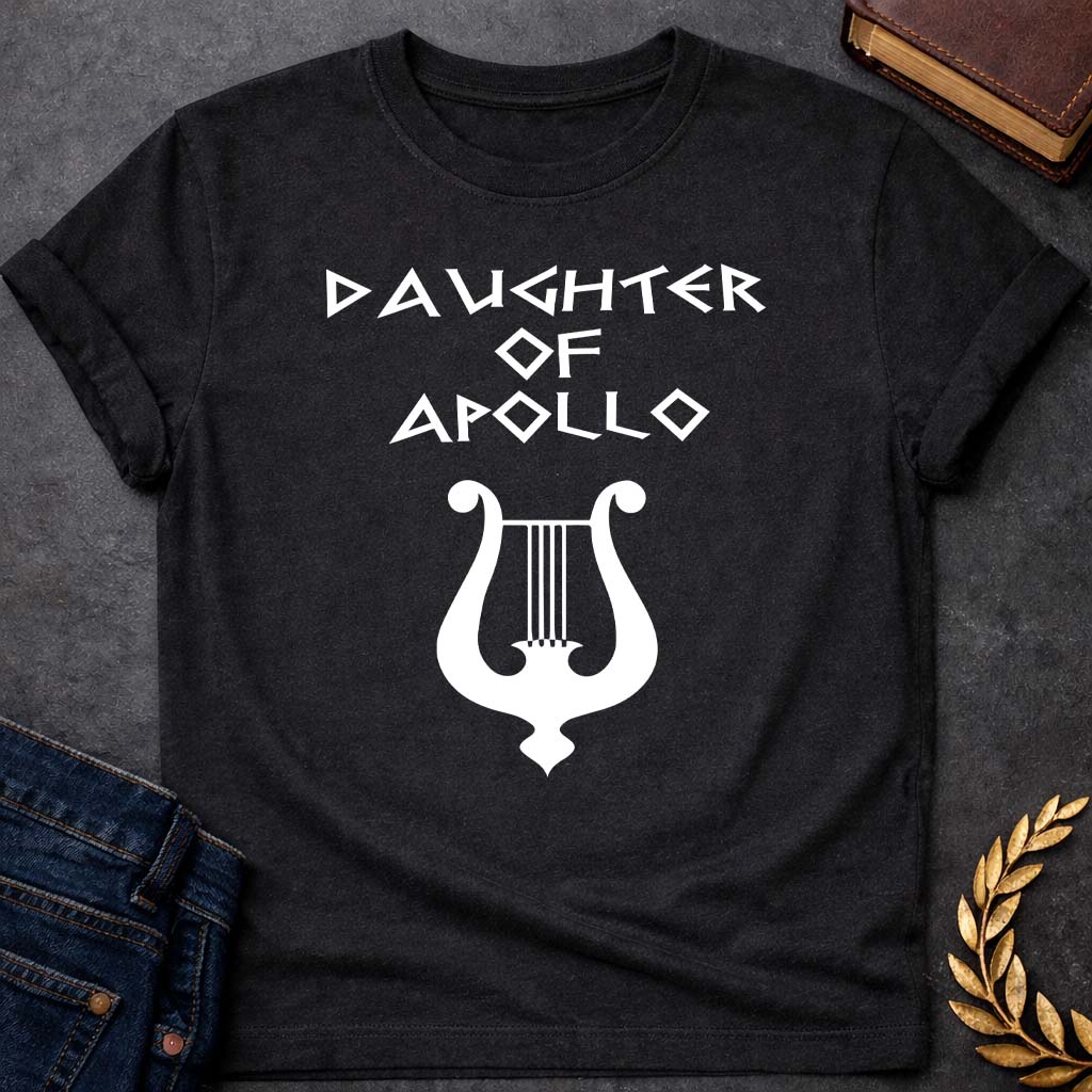 daughter of apollo unisex softstyle adult t shirt featuring detailed Greek mythology artwork, symbolic design, and bold graphic style