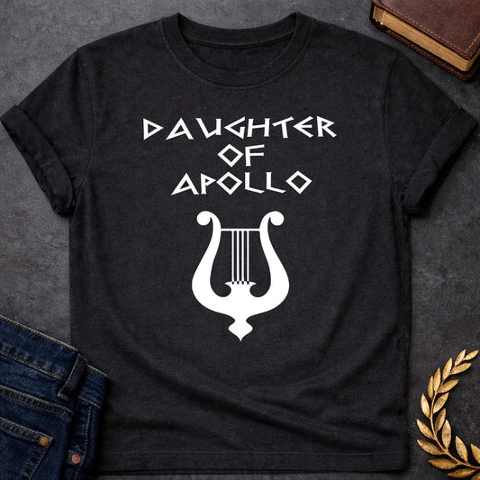 daughter of apollo unisex softstyle adult t shirt featuring detailed Greek mythology artwork, symbolic design, and bold graphic style