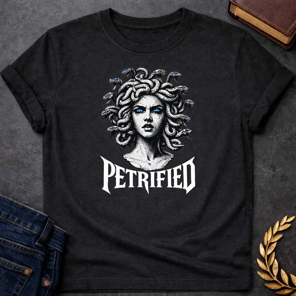 medusa petrified greek mythology youth shirt featuring detailed Greek mythology artwork, symbolic design, and bold graphic style