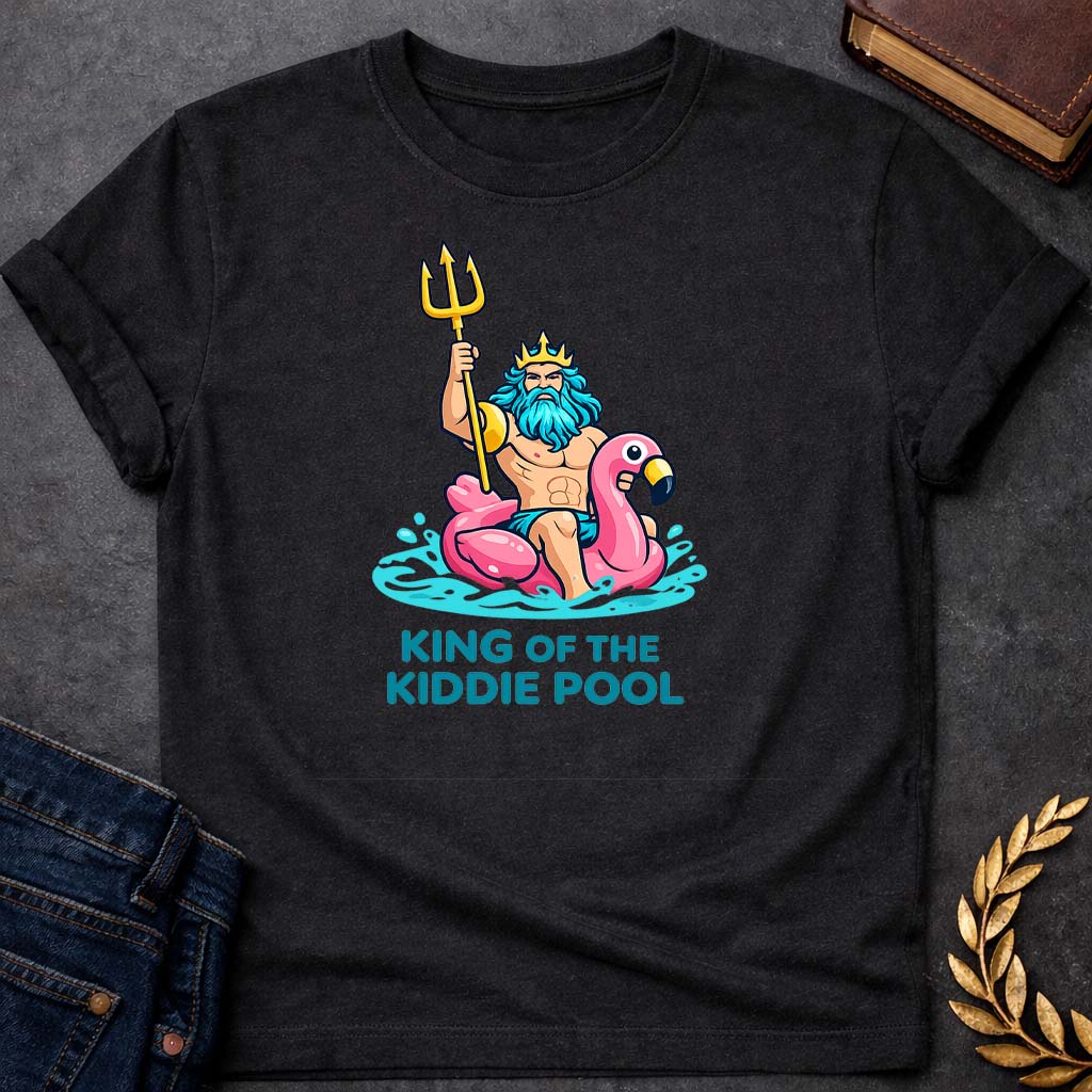 poseidon king of the kiddie pool greek mythology youth t shirt featuring trident, ocean waves, sea god symbolism in Greek mythology design