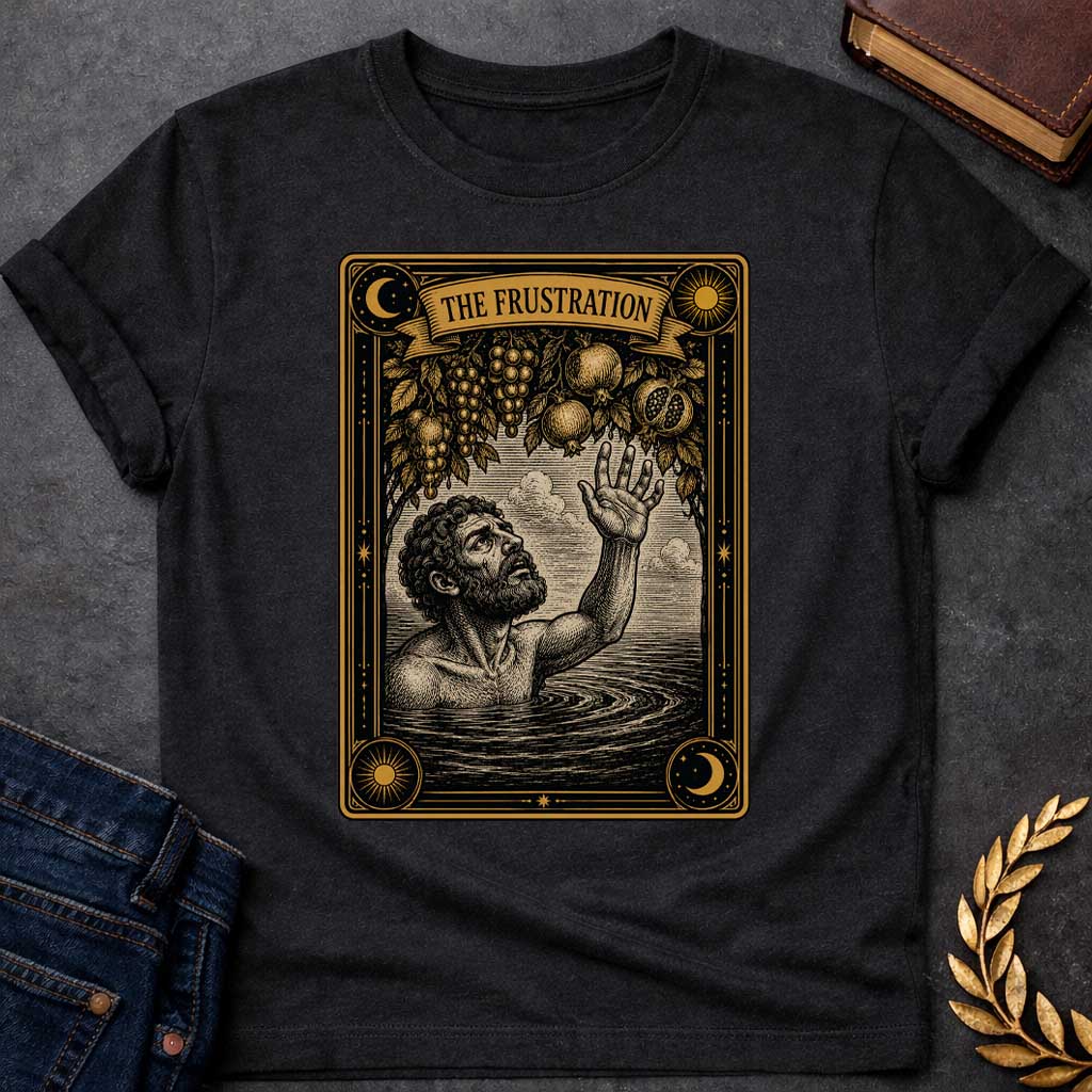 Black t-shirt with A detailed tarot card-style illustration. Set within an ornate black and gold border featuring sun and moon corner emblems, a bearded man in rippling water reaches one hand up toward hanging branches overflowing with grapes and pomegranates. A ribbon banner across the top of the card displays the title "THE FRUSTRATION" in a bold serif typeface.