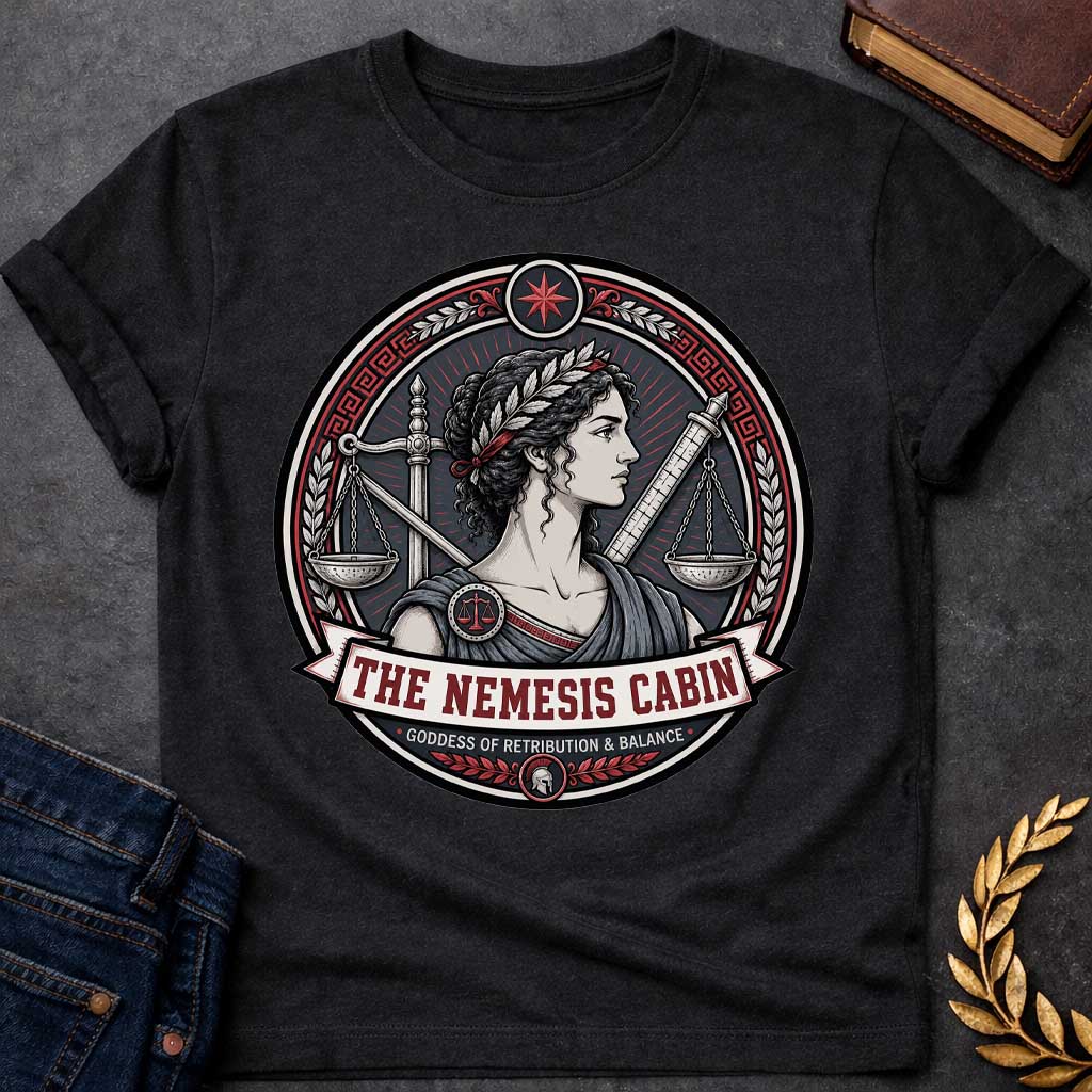 Black Nemesis Greek mythology cabin design featuring the goddess of retribution and balance in a detailed circular emblem. She wears a laurel crown and is surrounded by balanced scales, a sword, measuring rod, Greek key patterns, and red accents. Text reads “The Nemesis Cabin” and “Goddess of Retribution & Balance,”