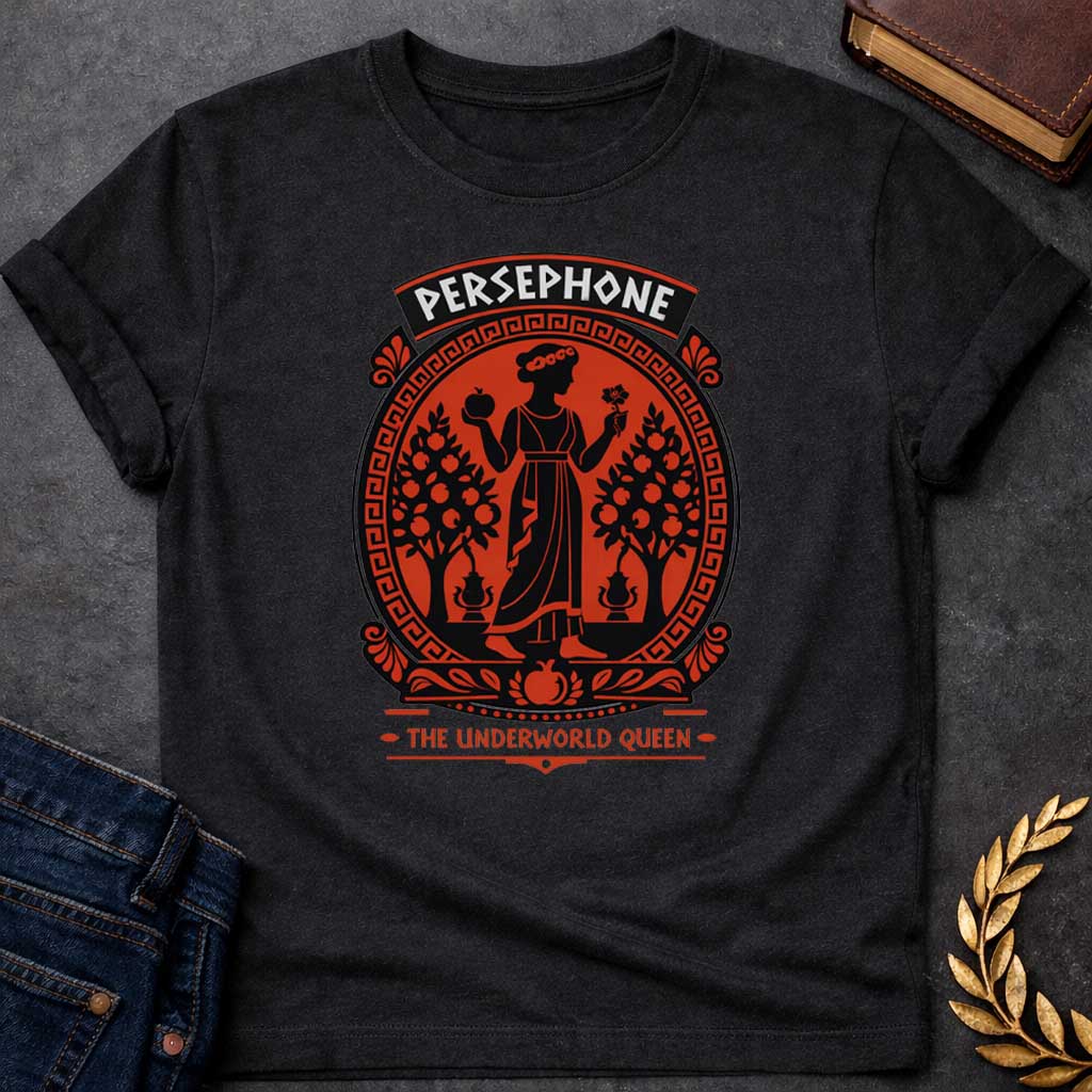 persephone the underworld queen greek mythology youth shirt featuring pomegranate, underworld queen symbolism in dark floral mythology design